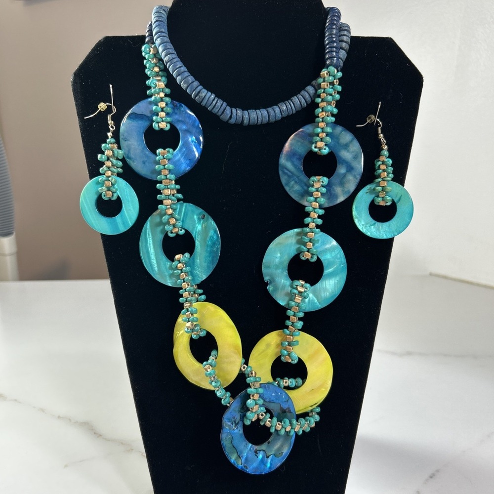Coastal Necklace Earrings Oversize Statement Bohemian Abalone Shell/wood